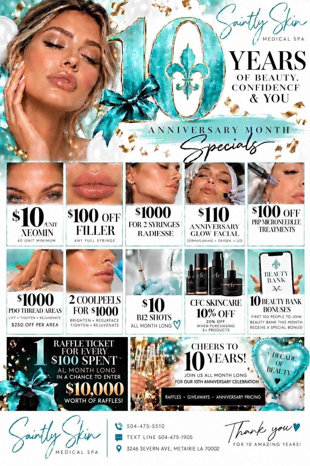 Saintly Skin 10th Anniversary Month official print flyer with anniversary pricing, raffles, giveaways, and contact information.