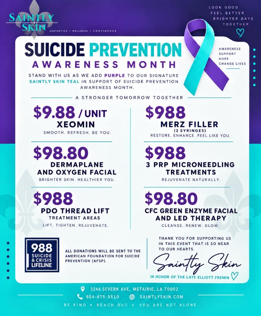Saintly Skin Suicide Prevention Month flyer with 988-themed specials. All donations support the American Foundation for Suicide Prevention.